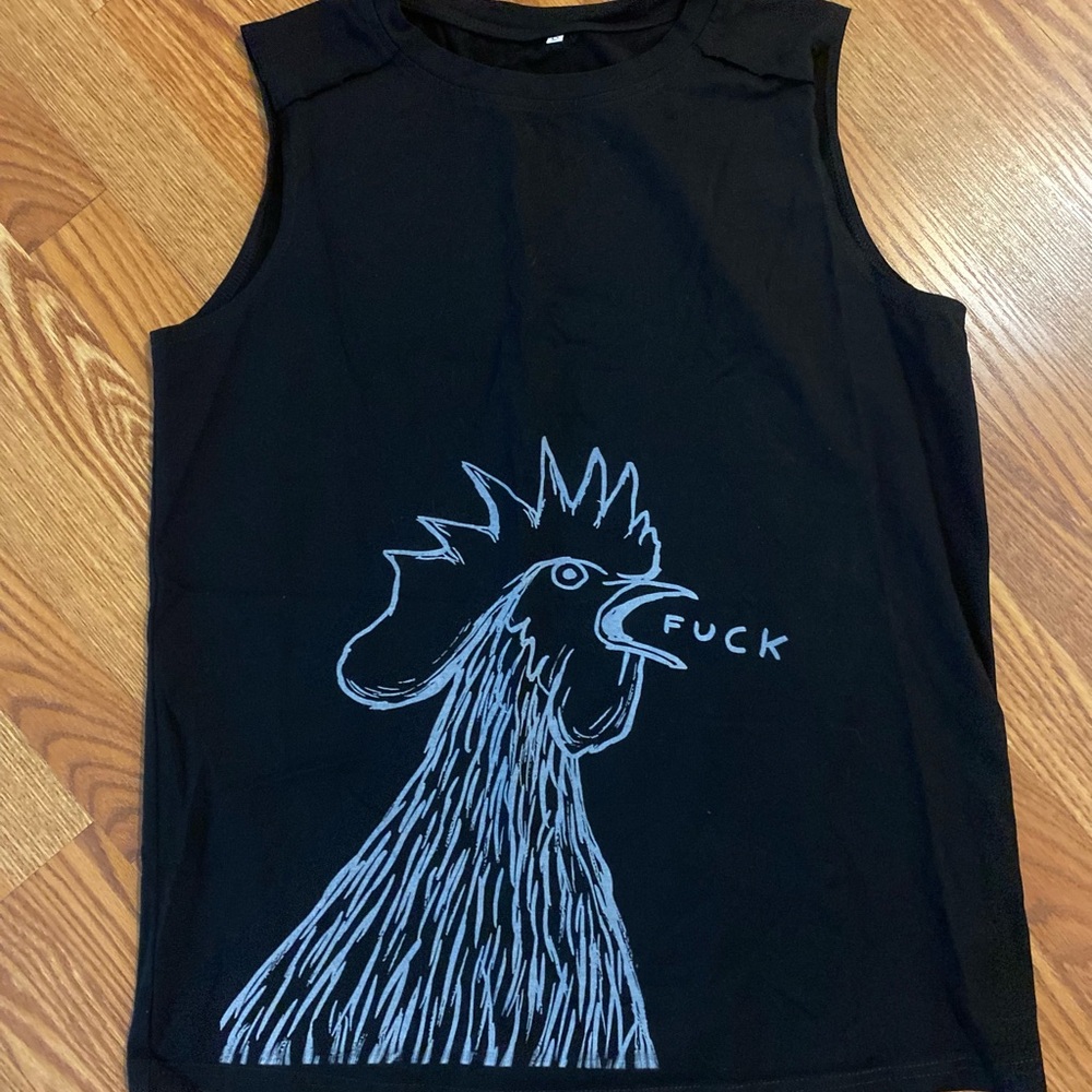 Black Sleeveless Top with Rooster Graphic